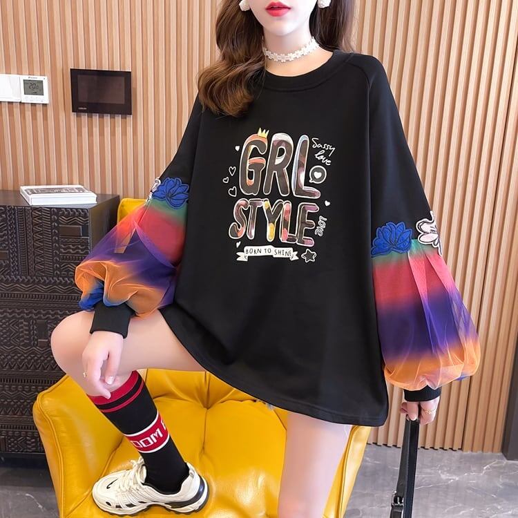 秋の新作 パフスリーブ アルファベットプリント 長袖ラグランTシャツトップス<S-4032>
