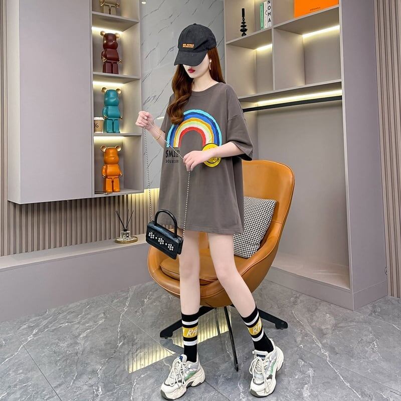 レインボースマイリーファッションオールマッチルーズ半袖Tシャツ<S-2860>