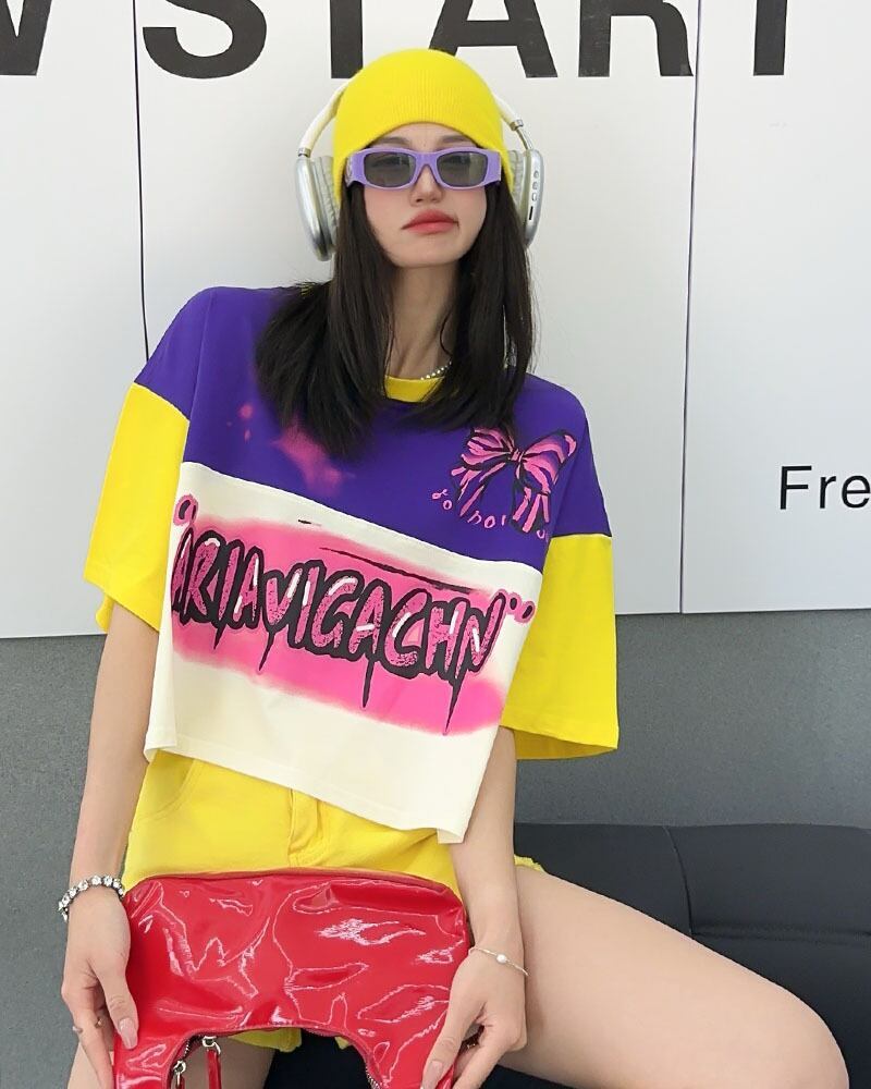 着回し力抜群 切り替え三色 韓国系 ゆったり半袖Tシャツ ＜S-8455＞