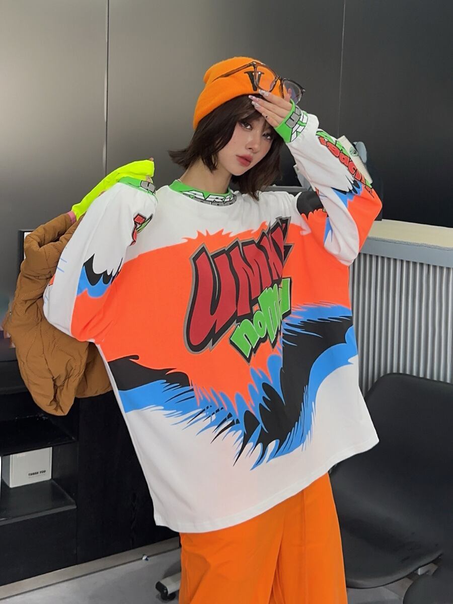 着回し力抜群 アバンギャルド 個性的なデザイン プリント全2色 Tシャツ<S-9225>