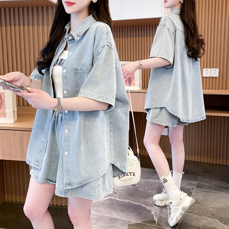 オーバーサイズ 半袖 デニム シャツ + ショートパンツ セットアップ <S-13150>