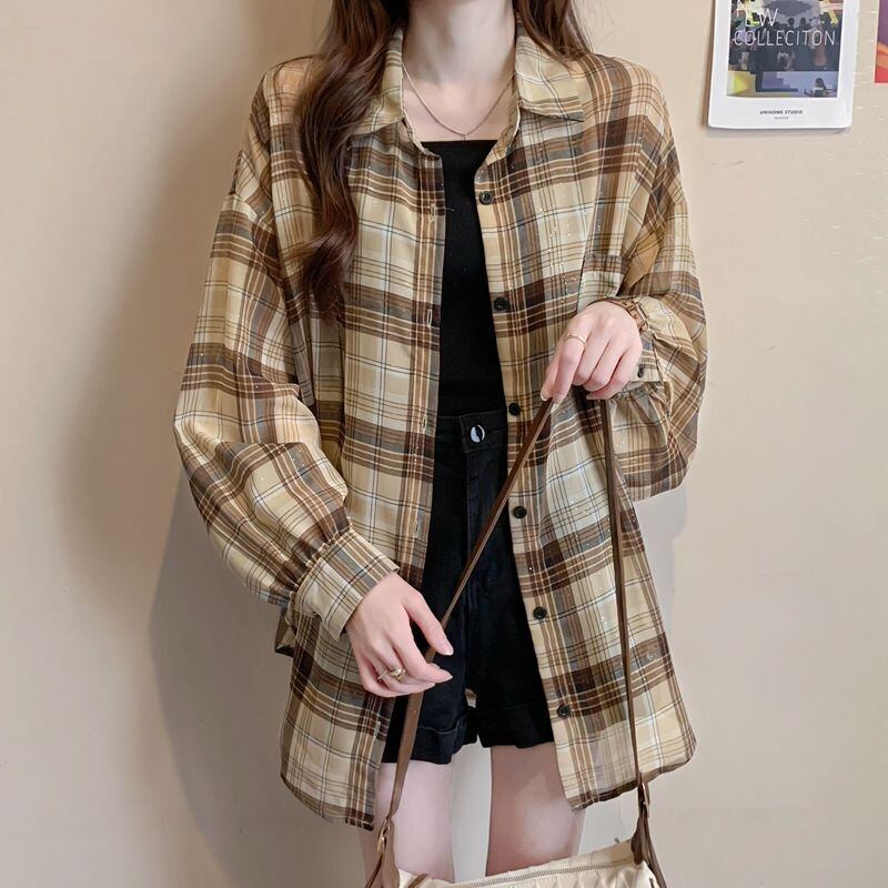 定番シンプル 透け感 チェック柄 日焼け対策 全3色 シャツ ＜S-8544＞