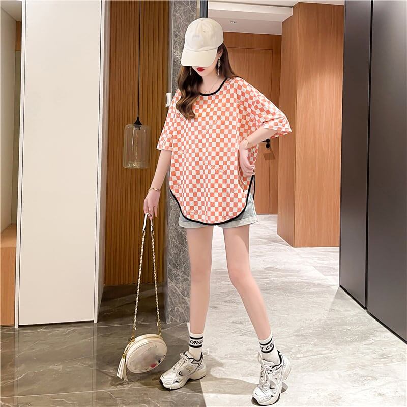 好感度満載 ラウンドネック 女性力を高める チェック柄 Tシャツ カットソー＜S-2985＞