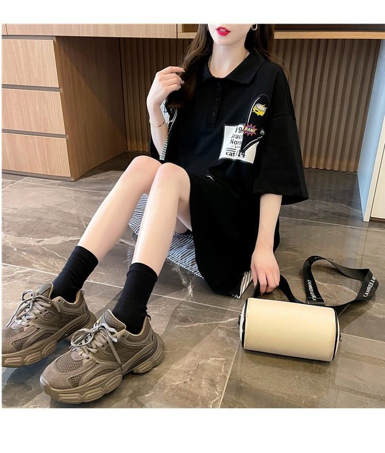 POLOネック 切り替え ストライプ柄 ロング Tシャツ ゆったりワンピース ＜S-3031＞