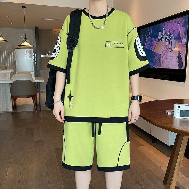 早い者勝ち カジュアル ファッション 切り替え 全3色 半袖Ｔシャツⅹパンツセット<S-8950>