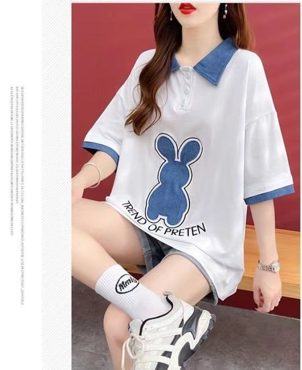 韓国系 ウサギちゃん POLOネック プリントTシャツ 三色 ゆったり半袖 ＜S-3056＞