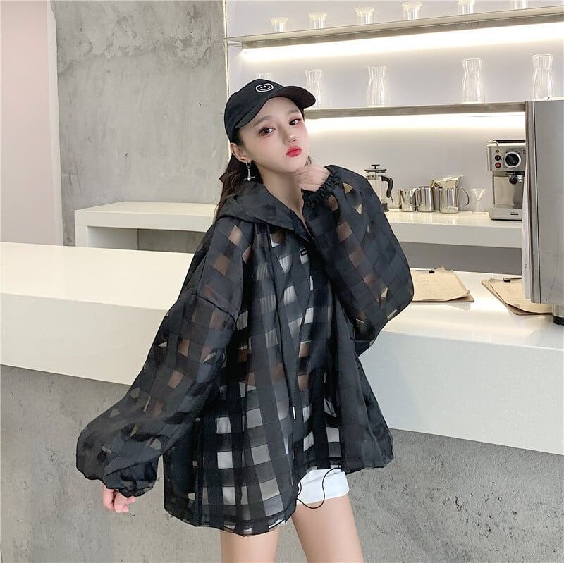 大人気 チェック柄 ゆったり 日焼け対策 UVカット 冷房対策 着?せ 長袖 フード付き シャツ ＜S-1910＞