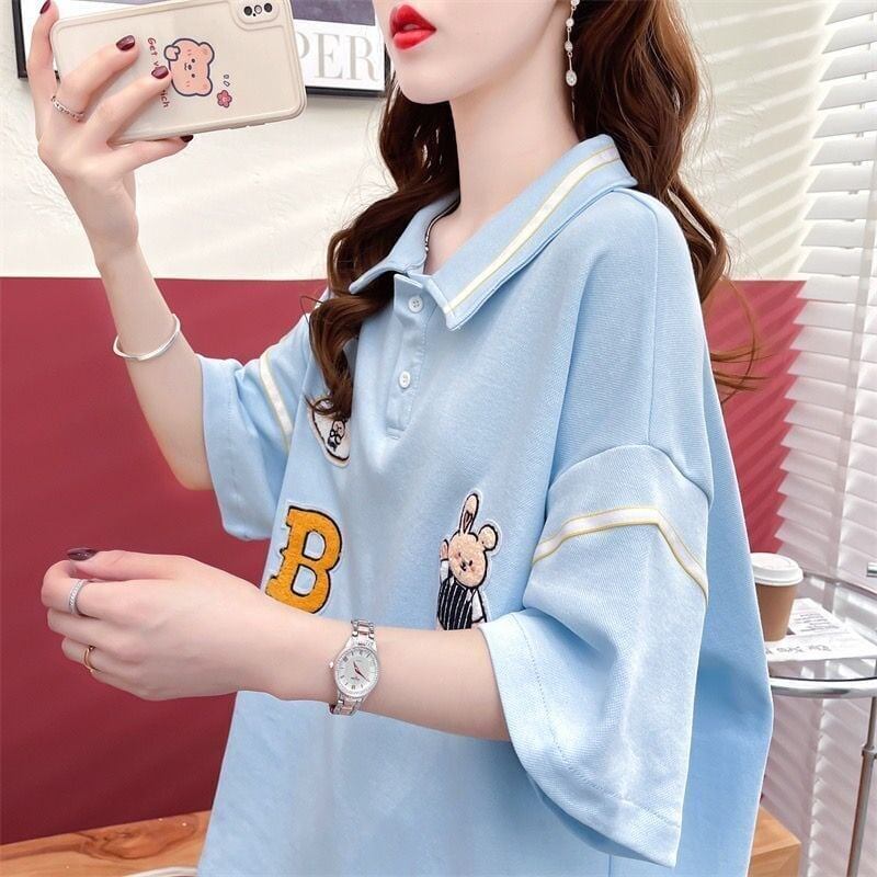 韓国系 ロング POLOネック Tシャツ 四色 ゆったり半袖 ＜S-2869＞