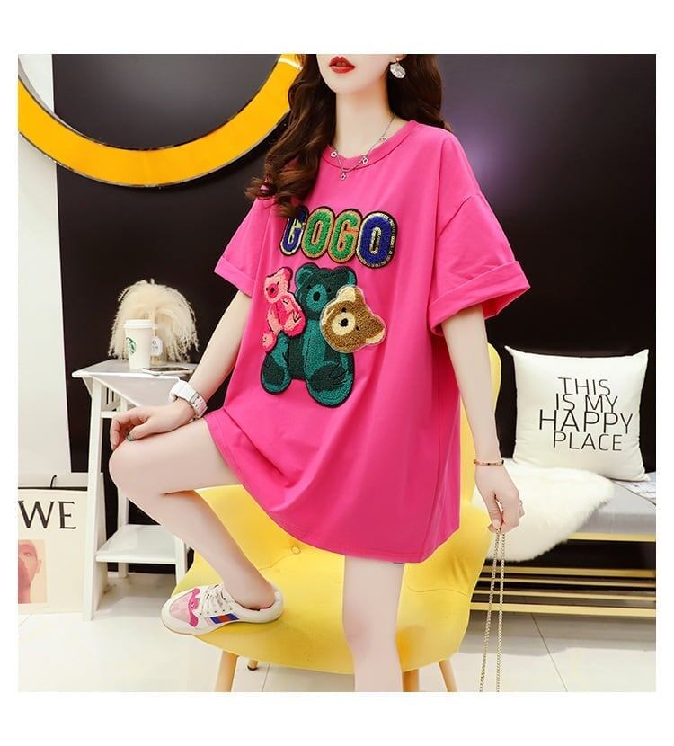 重工業スパンコール外国風おしゃれ植毛刺繍クマ半袖Tシャツ<S-2911>