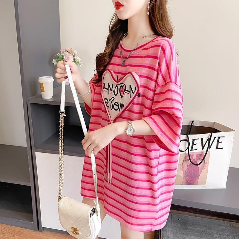 韓国風ピンクストライプゆったり立体装飾半袖Tシャツ<S-2985>