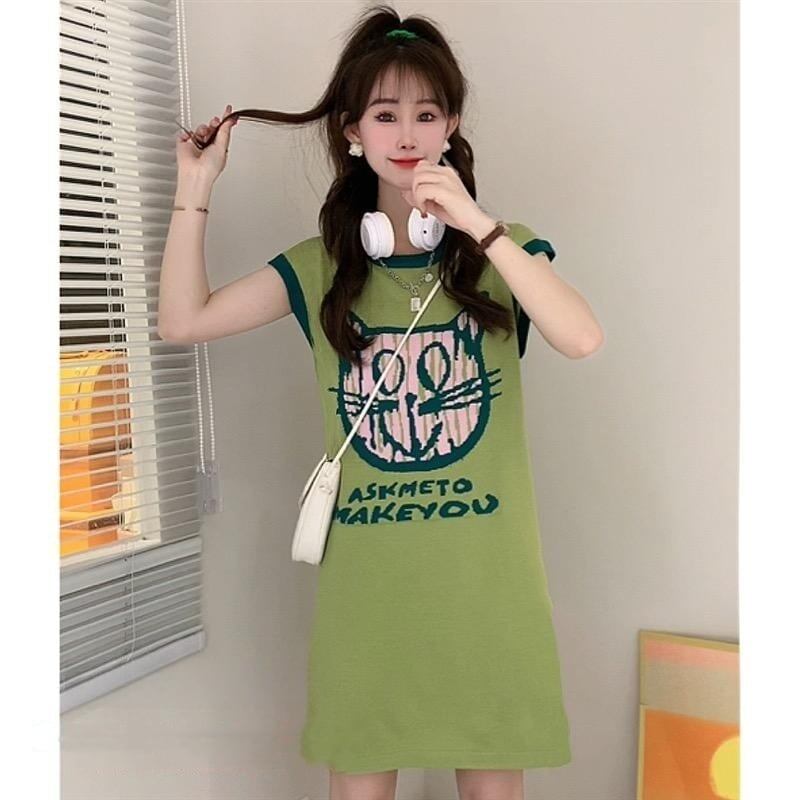 好感度100％ プリント 可愛い猫柄 ロング Tシャツ ゆったり半袖 ＜S-2867＞