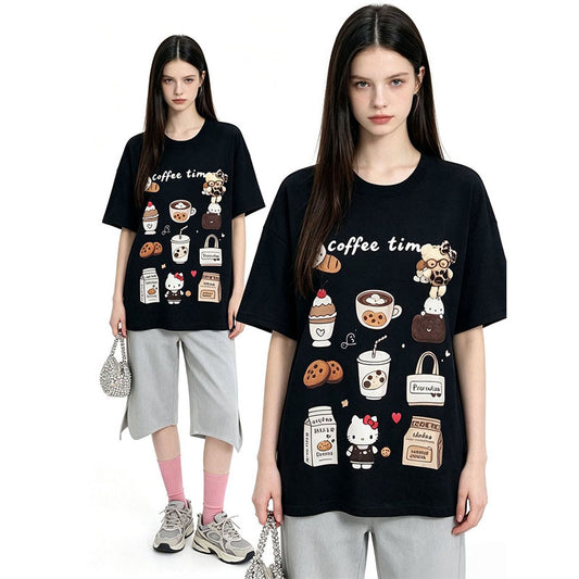 体型カバー ゆったり カジュアル プリント Tシャツ S-13288
