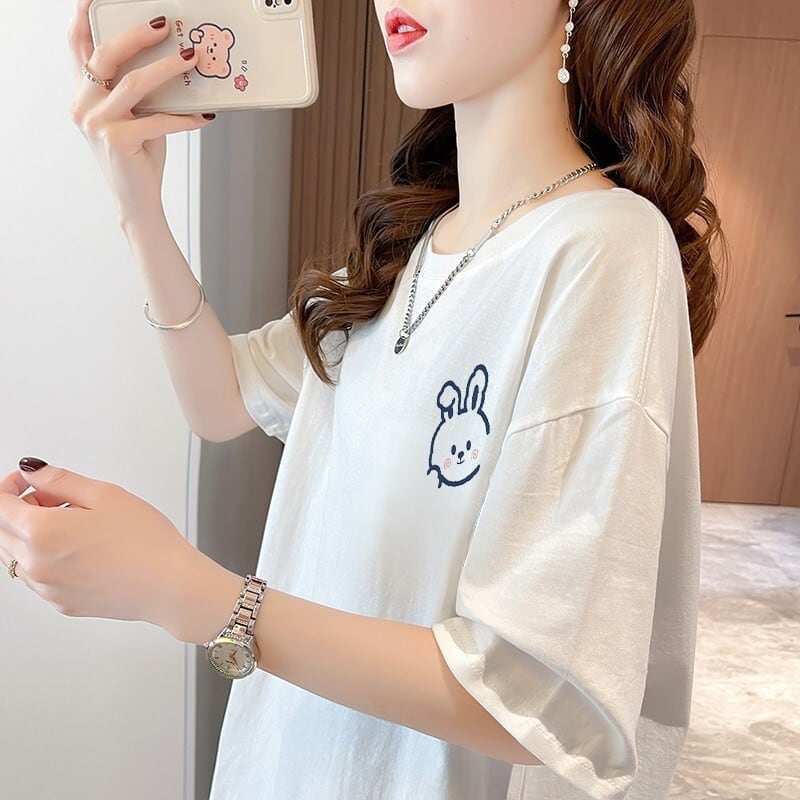 韓国系 アルファベット 可愛いウサギちゃん プリントTシャツ ゆったり半袖＜S-2969＞