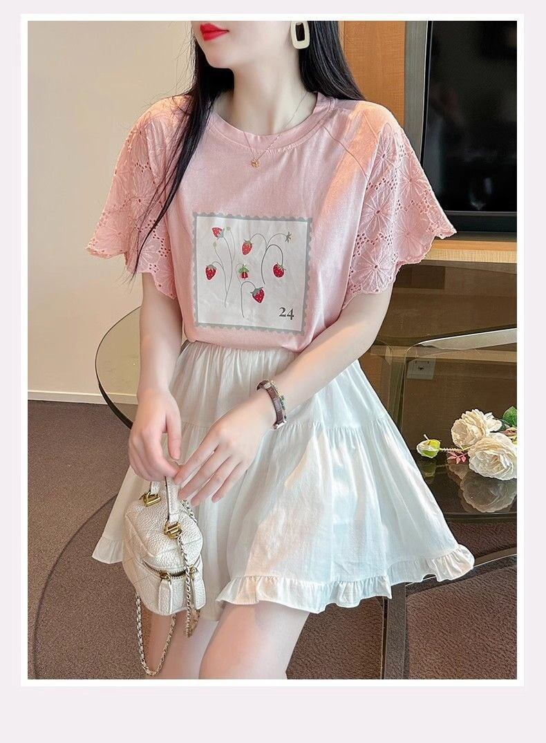 大好評 レース 上質 刺繍 切り替え 全2色 半袖Tシャツ＜S-8869＞