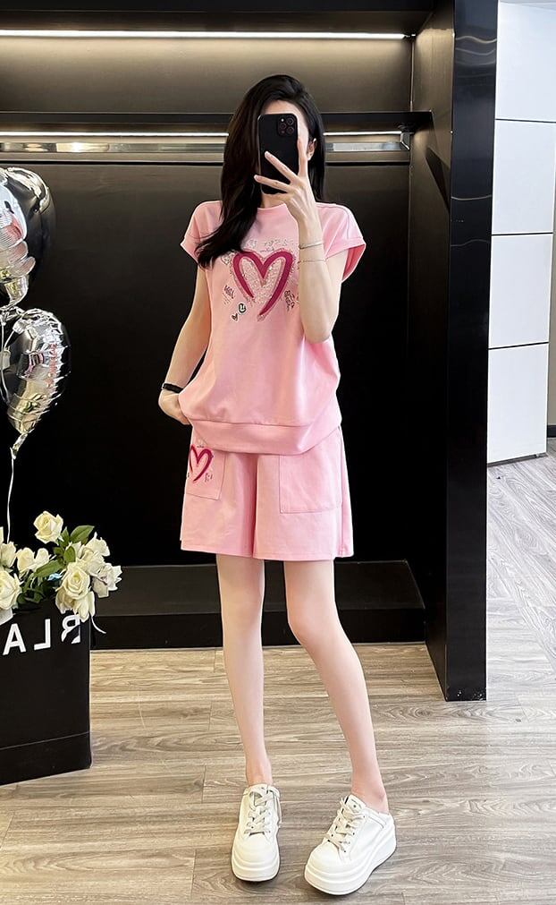 超人気 ホットダイヤモンド カジュアル プリント 半袖Tシャツ ショートパンツ セットアップ ＜S-9215＞