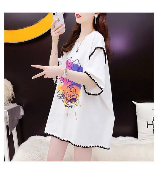 韓国系 ロング プリント Tシャツ 三色 ゆったり半袖 ＜S-2841＞