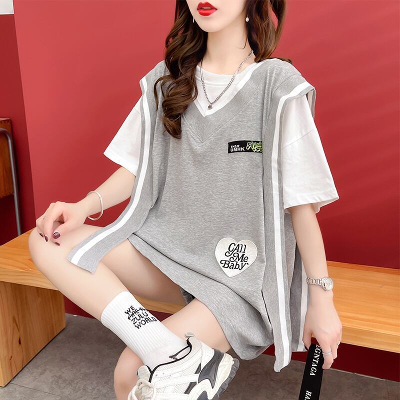 おすすめ アバンギャル 大活躍 ドレイヤード風 切り替え 全2色 半袖Tシャツ<S-8752>