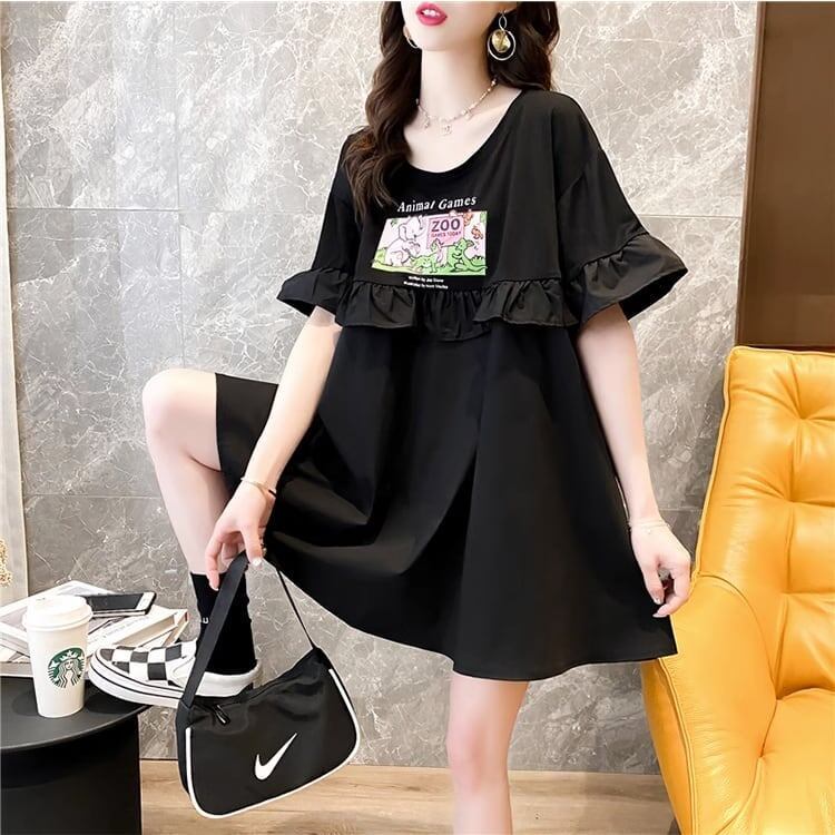 ミドル丈のイレギュラー半袖Tシャツワンピース<S-5007>