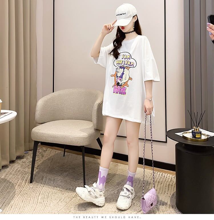 【半額！期間限定！！】グラフィック レース 透かし彫り ロング Tシャツ ゆったりワンピース ＜S-4021＞