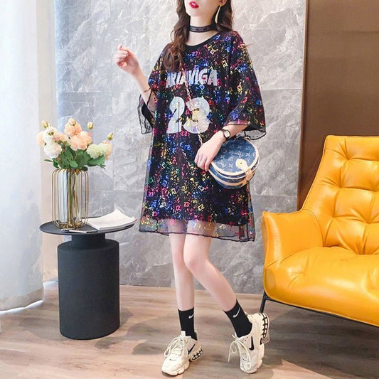 新作 チュール レイヤード風 ロゴ プリント ゆったり 半袖 Ｔシャツ 全2色<S-4967>