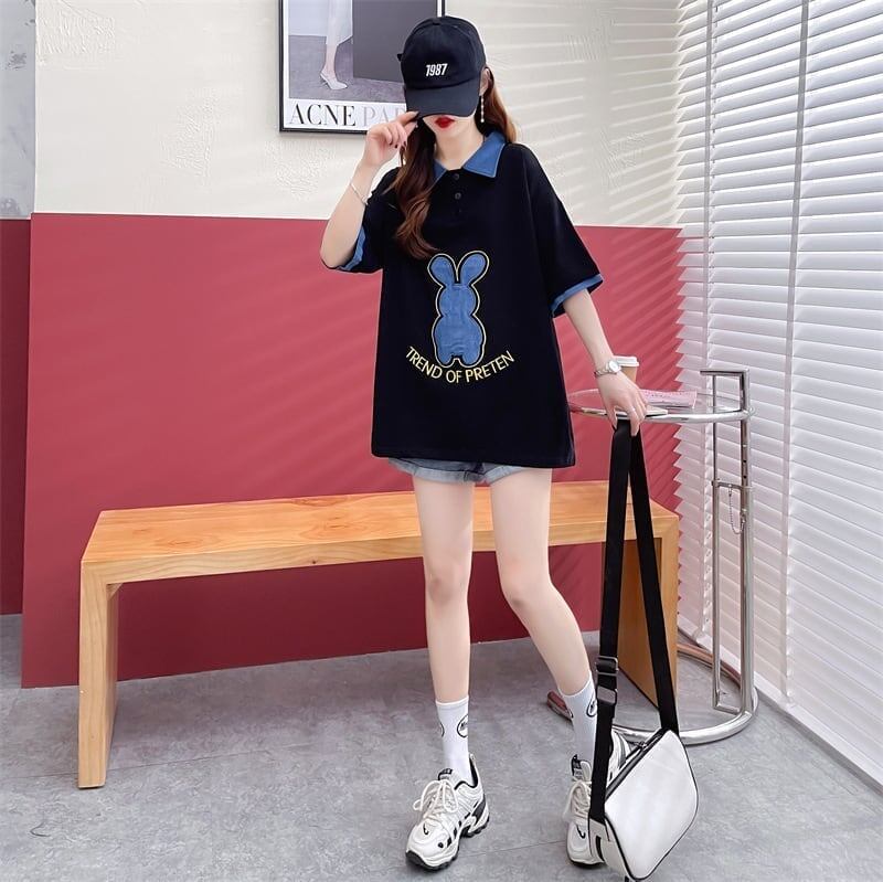 韓国系 ウサギちゃん POLOネック プリントTシャツ 三色 ゆったり半袖 ＜S-3056＞