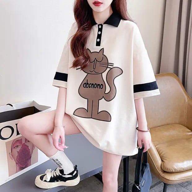 韓国系 猫柄 POLOネック ロング プリントTシャツ ゆったり半袖 ＜S-2894＞