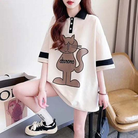 韓国系 猫柄 POLOネック ロング プリントTシャツ ゆったり半袖 ＜S-2894＞