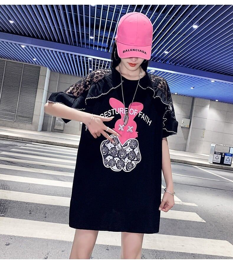 レースステッチアイスシルクニットルーズラビットプリント半袖Tシャツ<S-5038>