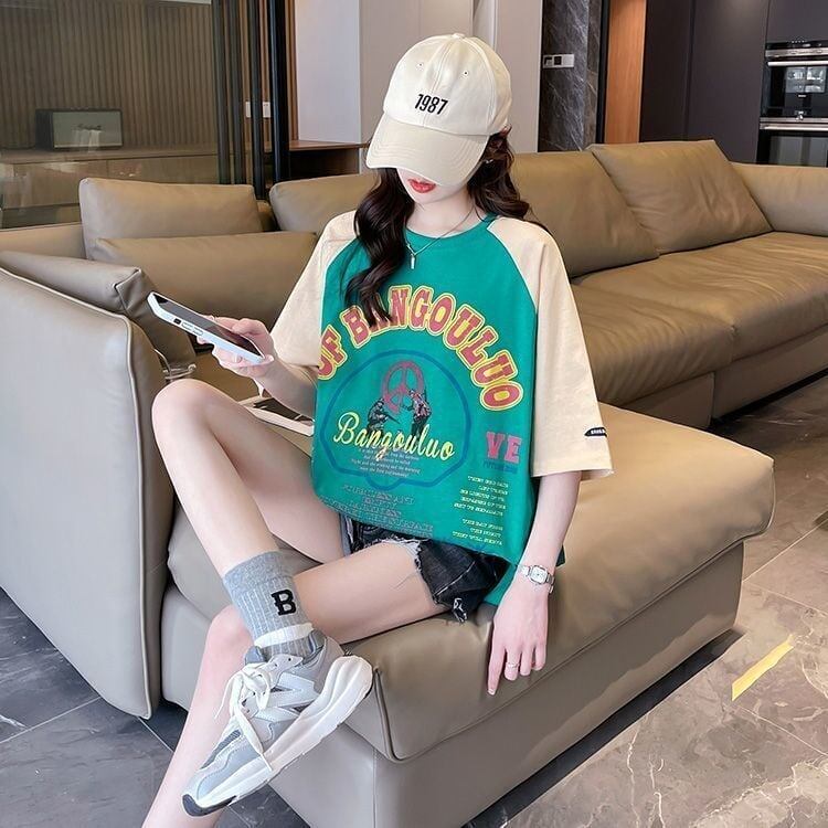 夏新作 配色 プリント ロング ラグランTシャツ 三色 ゆったりワンピース ＜S-4003＞