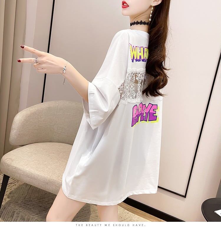 【半額！期間限定！！】グラフィック レース 透かし彫り ロング Tシャツ ゆったりワンピース ＜S-4021＞