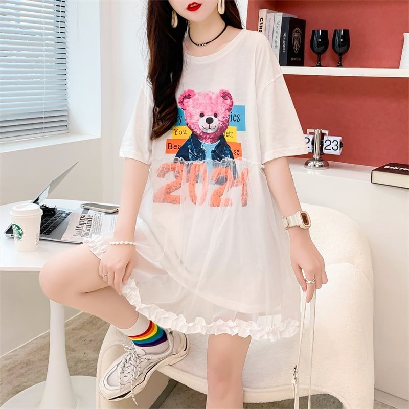 デザインセンスレースステッチフェイクツーピース半袖Tシャツワンピース<S-2964>