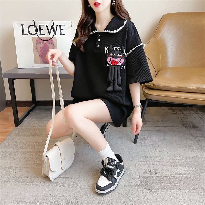 美人度アップ 折り襟 ワッフル ぬいぐるみ付き ロング Tシャツ ゆったり半袖 ＜S-2930＞