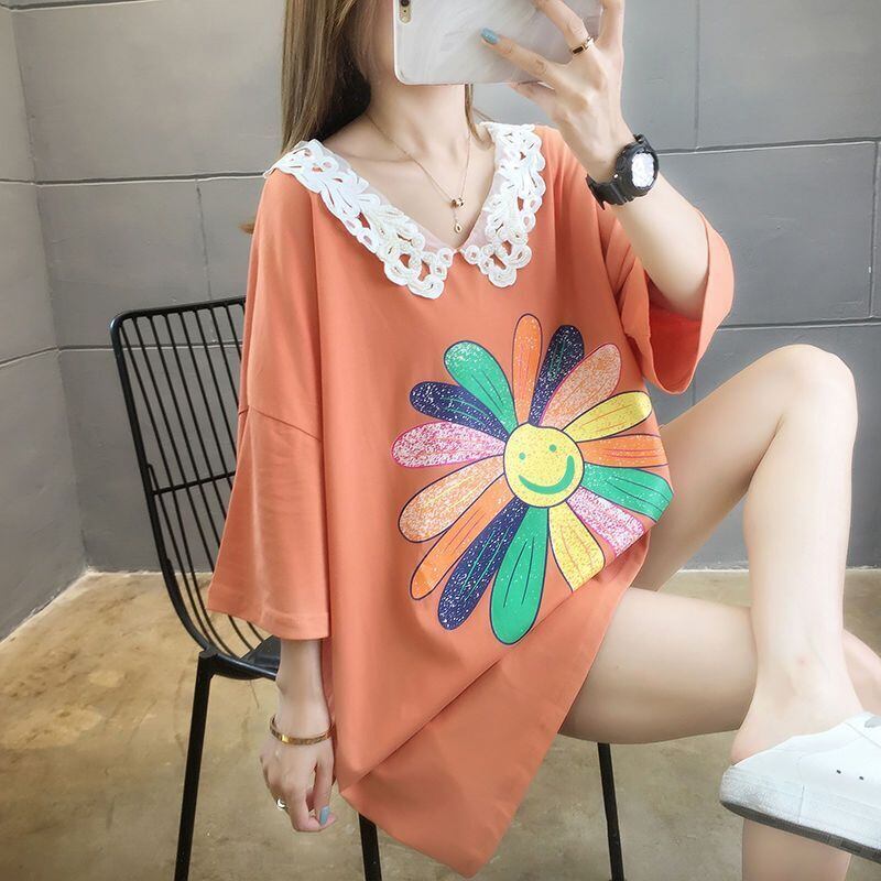 大人可愛い ロング丈 ゆったり 切り替え 三色半袖Tシャツ＜S-8129＞