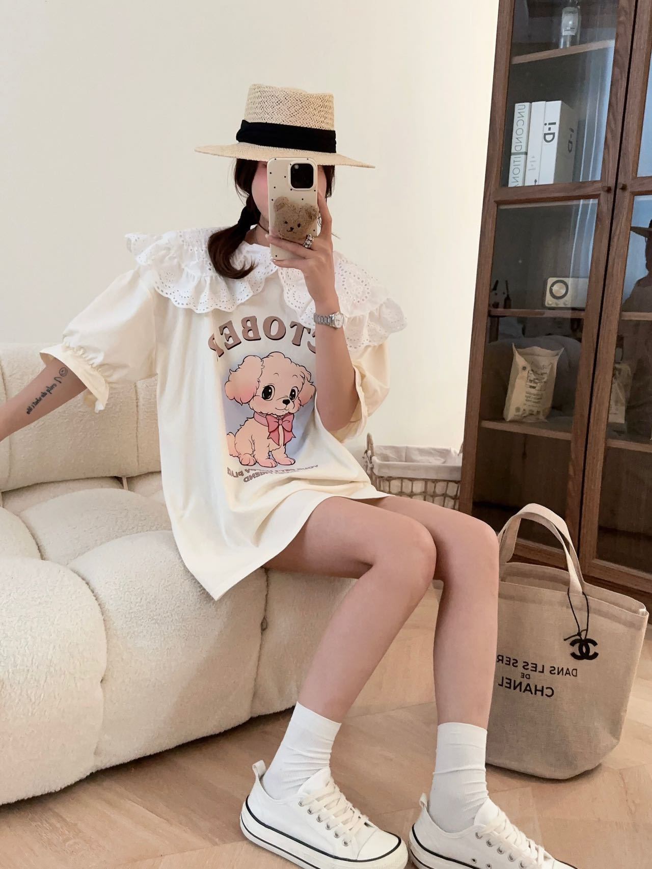 スウィート ワンちゃんロゴ 韓国系 ゆったりTシャツ半袖<S-4882>