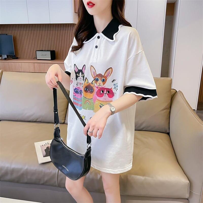 デザインセンスゆったりプリントトップラペルTシャツポロシャツ<S-2898>