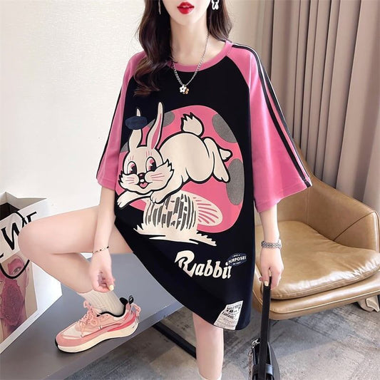 好感度UP グラフィック ストライプ柄 ラグランTシャツ ゆったり ワンピース＜S-3994＞