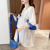 韓国系 ドロップショルダープリント ラウンドネック ロング Tシャツ 三色 ゆったり半袖＜S-3011＞