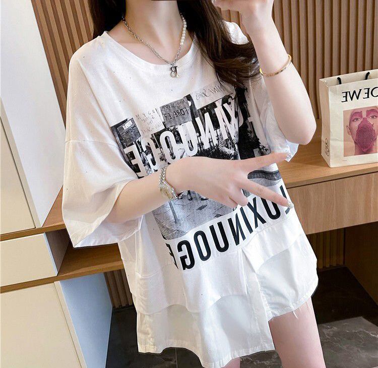 絶対流行 レイヤード風 レース プリント全2色 半袖Tシャツ<S-8821>