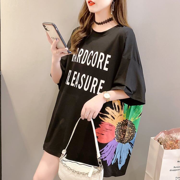 おすすめ アルファベット 花柄 Tシャツ 三色 ゆったり ロング 半袖 ＜S-2946＞