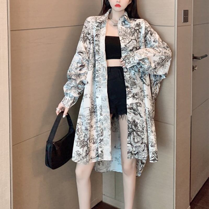 着心地抜群 プリント 女性力を高める POLOネック シャツ ブラウス ワンピース＜S-3147＞