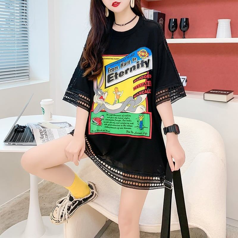 デザインセンス中空プリントTシャツルーズトップス<S-2877>