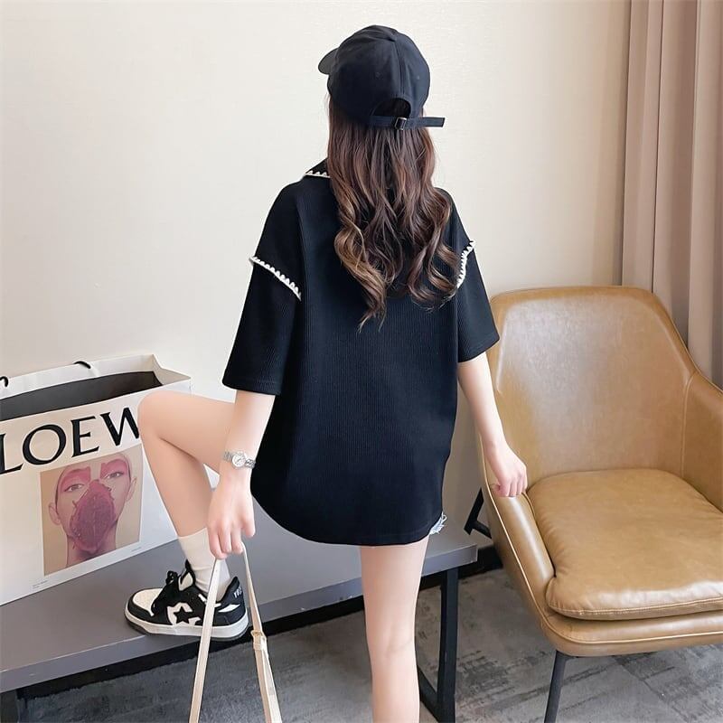 美人度アップ 折り襟 ワッフル ぬいぐるみ付き ロング Tシャツ ゆったり半袖 ＜S-2930＞