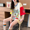 大注目 ドロップショルダー 落書き カラーマッチング プリントTシャツ ゆったり半袖 ＜S-3010＞