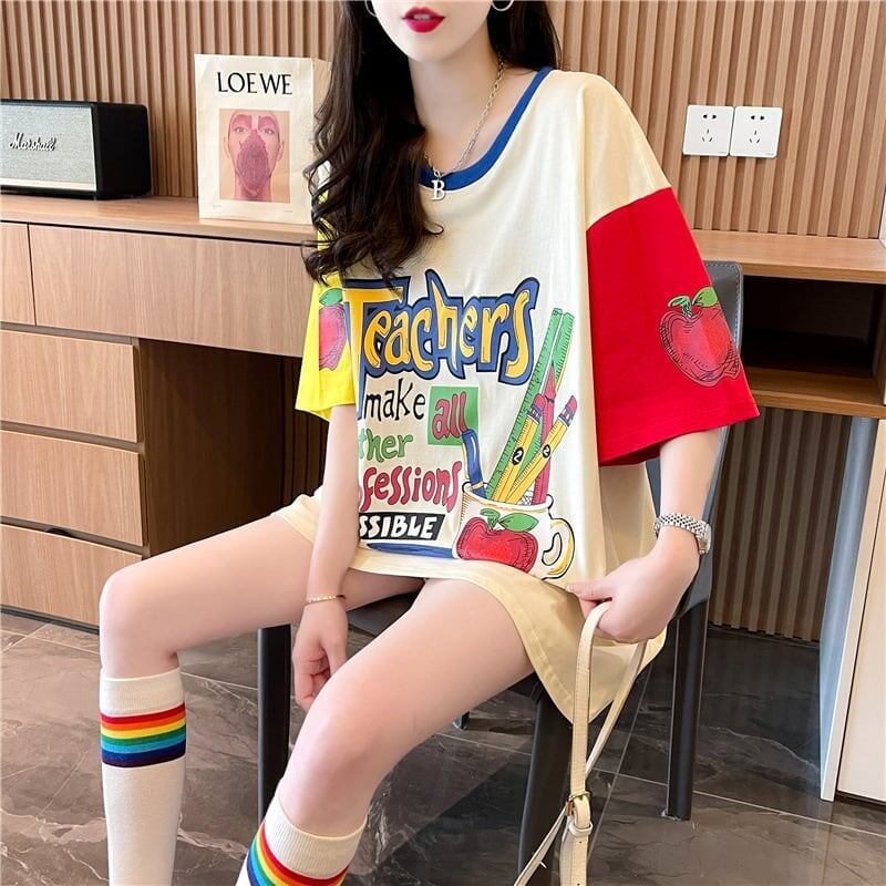 大注目 ドロップショルダー 落書き カラーマッチング プリントTシャツ ゆったり半袖 ＜S-3010＞