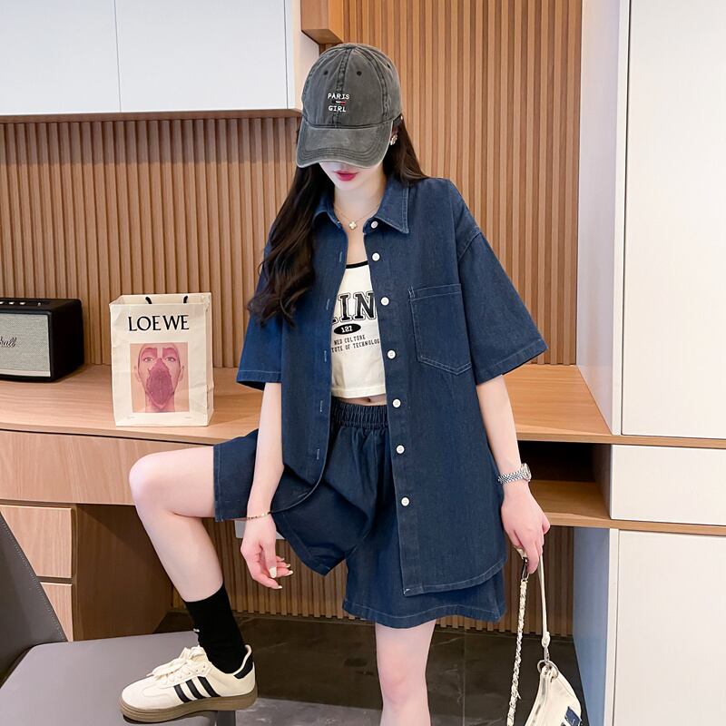 オーバーサイズ 半袖 デニム シャツ + ショートパンツ セットアップ <S-13150>