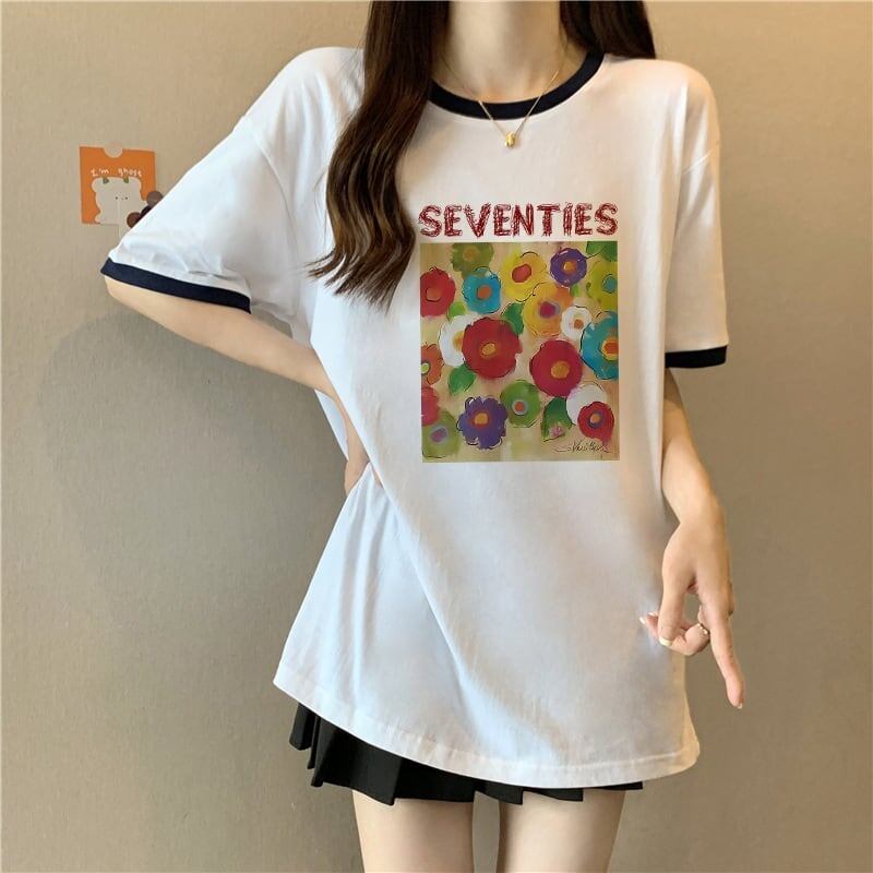 着?せ 配色 プリント ロング Tシャツ 四色 ゆったり半袖 ＜S-3019＞