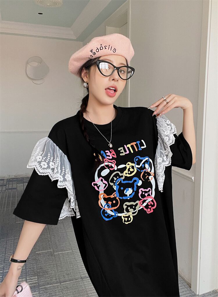 おすすめ レース ファッション 切り替え プリント Tシャツ カットソー ワンピース＜S-8535＞