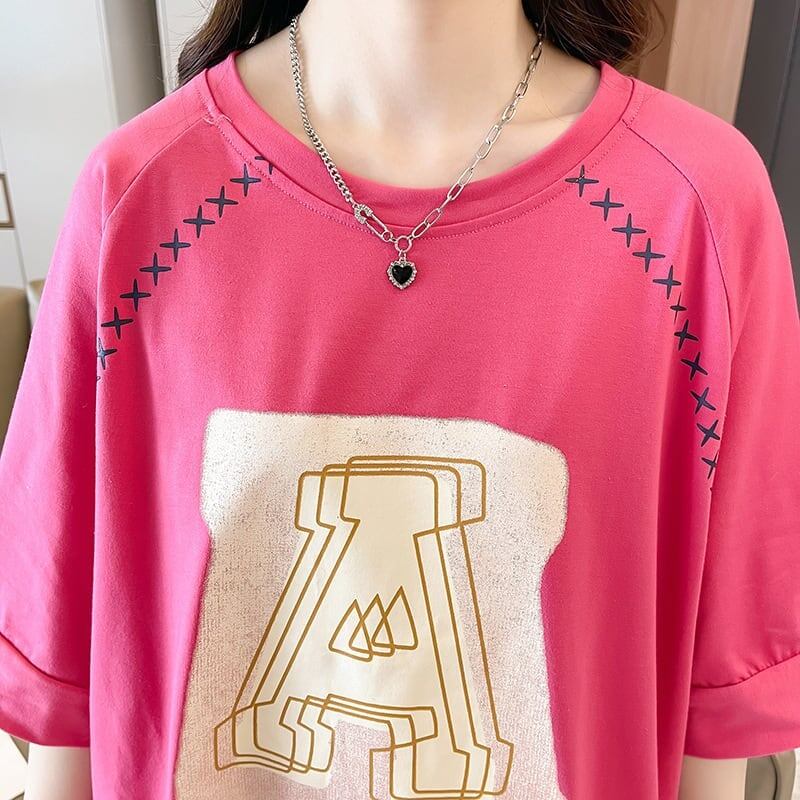 超人気商品 ロング アルファベット プリントTシャツ 三色 ゆったり半袖 ＜S-4019＞