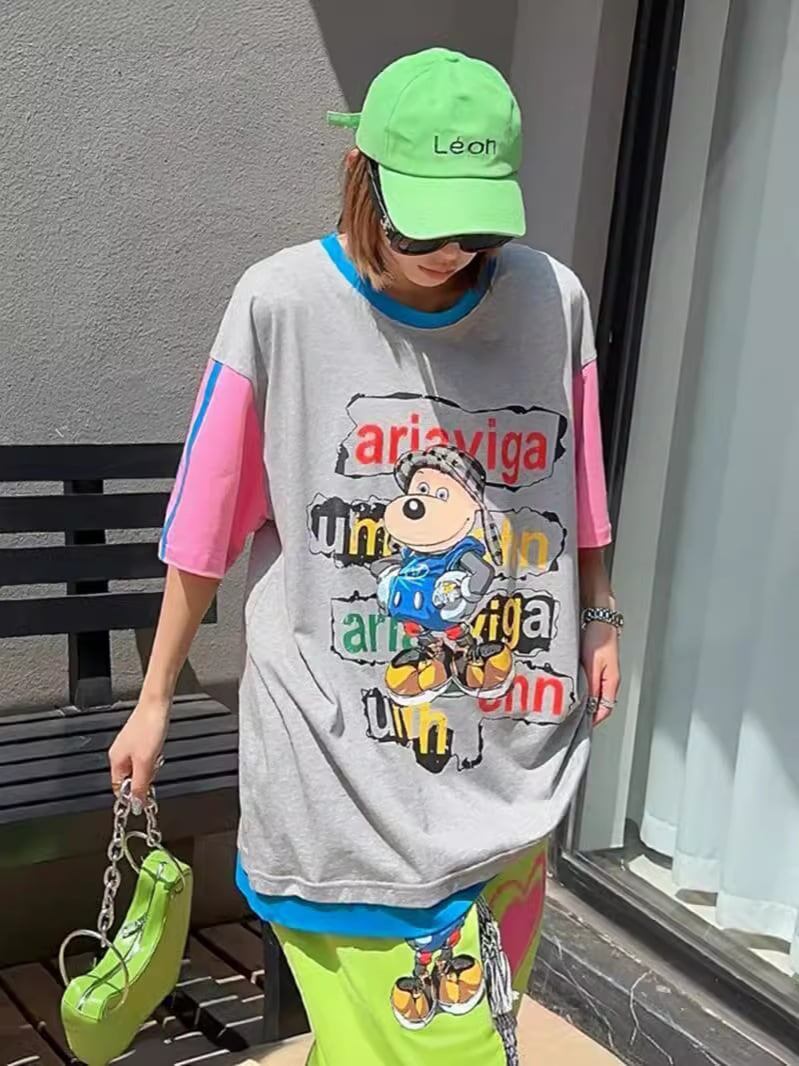 話題沸騰中 ゆったり カジュアル プリント カラーマッチング 半袖Tシャツ＜S-8067＞