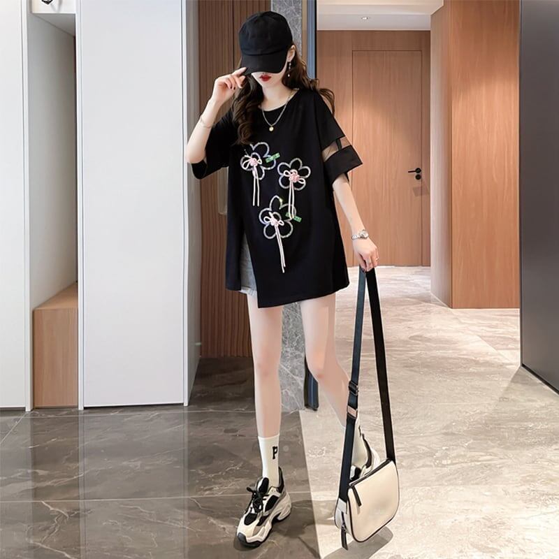 イレギュラー 切り替え カジュアル プリント Tシャツ カットソー＜S-3496＞